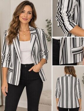 K Jordan Black and White Vertical Stripe Blazer